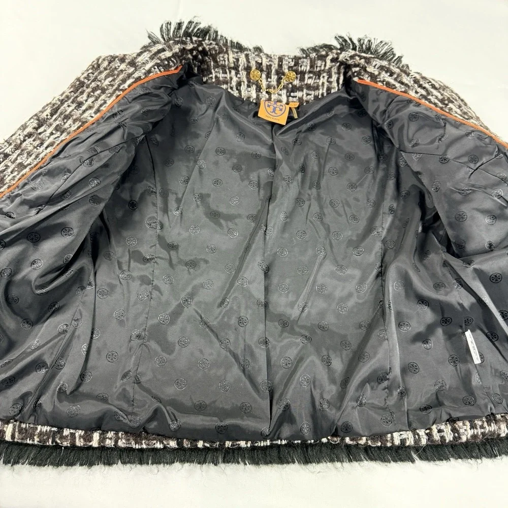 Tory Burch Tweed Fringe Jacket Size 8 Cropped Black Lined Boucle Wool‎ Blend